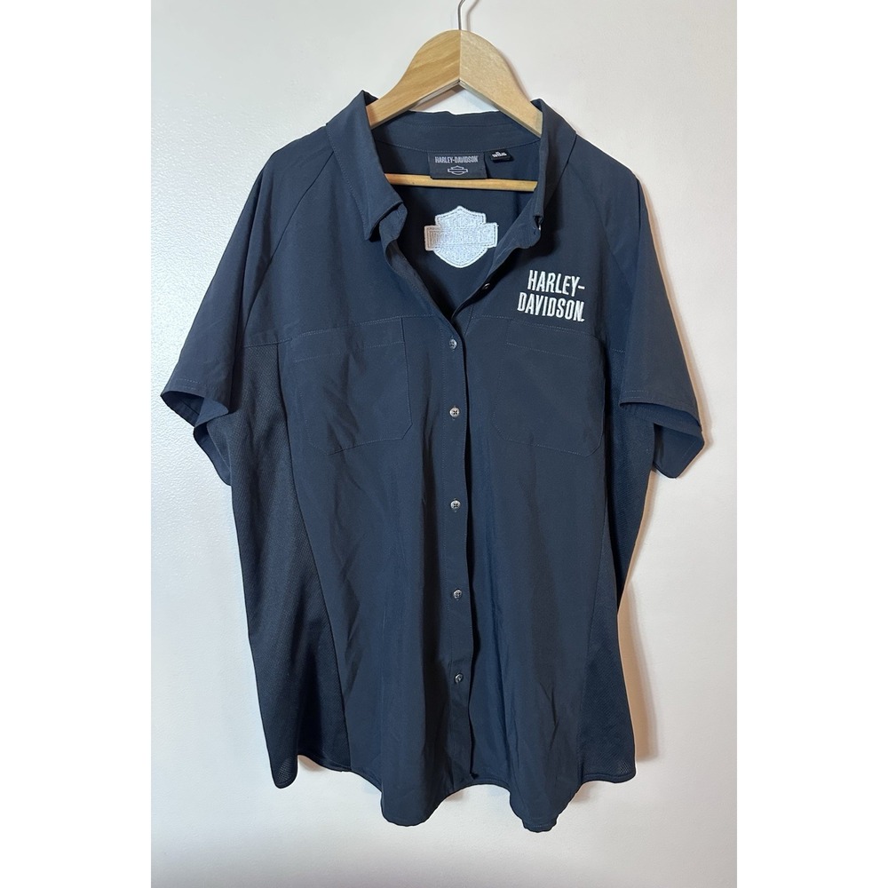 Harley Davidson Shirt‎ Mens XL Black Button Down Collar Moto Biker Short Sleeve